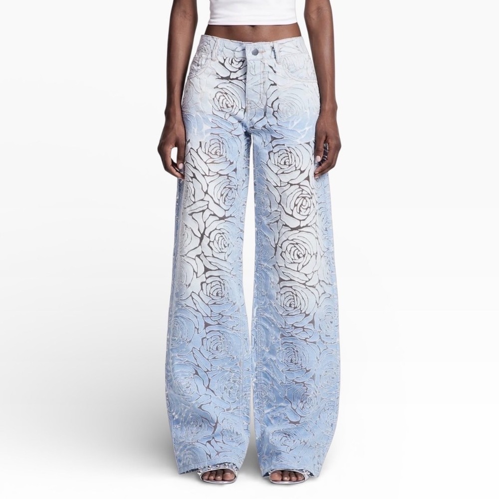 Innovare Denim Rose Burnout Wide Leg Jeans Floral Blue Pants Festival Size 29